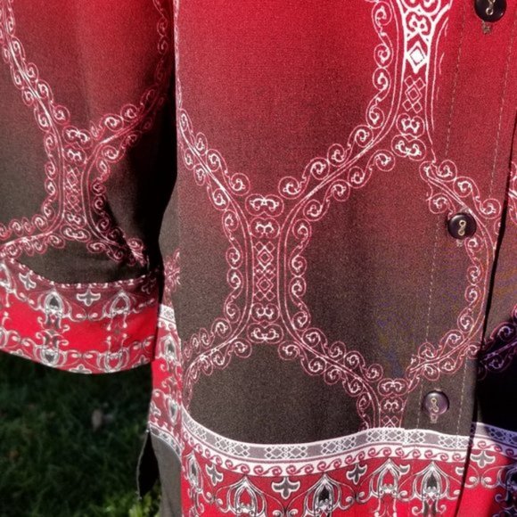 Alia Boho Tunic Shirt Geometric Print Button Up Long Sleeves Red Black Size 10 - Picture 7 of 12